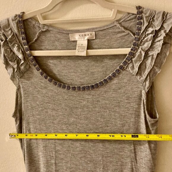 Kenar Heather Grey Ruffled Cap Sleeves Graphite Beadwork Size S - Picture 8 of 8